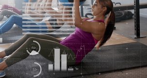 Animation of interface processing data over diverse women cross training with medicine balls at gym. Fitness, exercise, strength, data, digital interface and technology digitally generated video.
