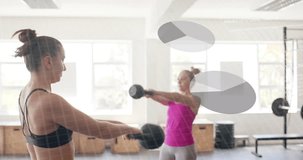 Animation of interface processing data over diverse women training with kettlebells at gym. Fitness, exercise, strength, data, digital interface and technology digitally generated video.