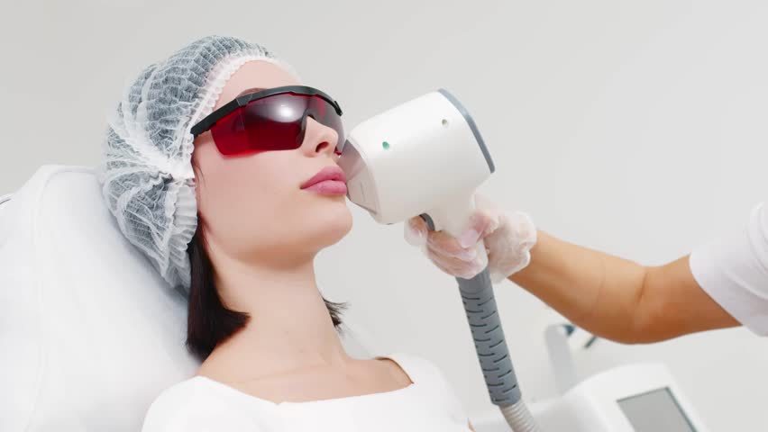 A beautiful young woman in special glasses undergoes a laser hair removal procedure on her face in a cosmetology center on a light background. Advertising concept for clean, healthy facial skin. | Shutterstock HD Video #1108917939