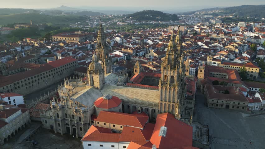 Aerial view of square and cathedral in Santiago de Compostela, Galicia, Spain. Final point of pilgrims walking Camino de Santiago path Royalty-Free Stock Footage #1108918051