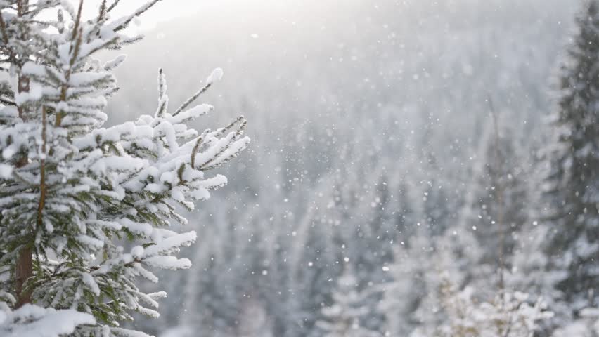 Snowy winter weather in the forest. Wind blows snow from fir tree branches, snowfall. Winter is coming. Slow motion, 4K Royalty-Free Stock Footage #1108918061
