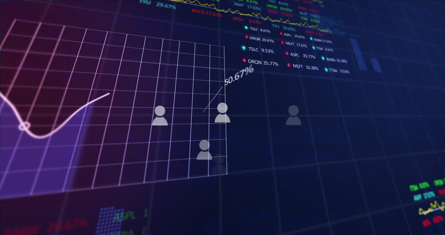 Animation of icons, multiple graphs, trading boards and computer language over black background. Digitally generated, hologram, report, business, stock market, coding and technology concept.