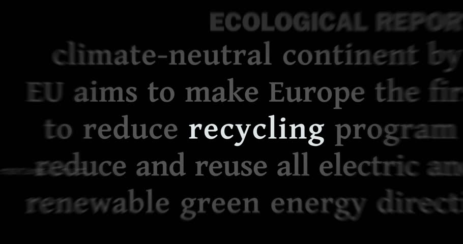 Recycling sustainable economy, environment care and ecology headline news across international media. Abstract concept of news titles on noise displays loop. TV glitch effect seamless and looped.
