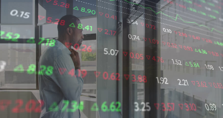 Animation of stock market data processing over african american man looking out of window at office. Global economy and business technology concept