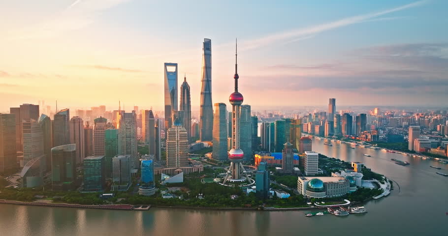 Aerial photography of Shanghai city skyline in the morning. Creative video with ads and trademarks removed