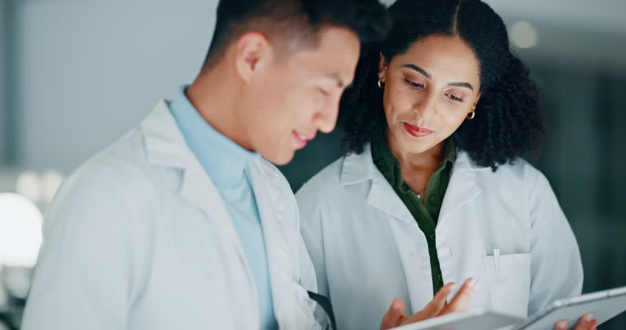 Scientist, happy teamwork and tablet in laboratory research, medical meme and night results or report. Doctors, science people or mentor laughing on digital technology for healthcare planning or idea Royalty-Free Stock Footage #1108934839