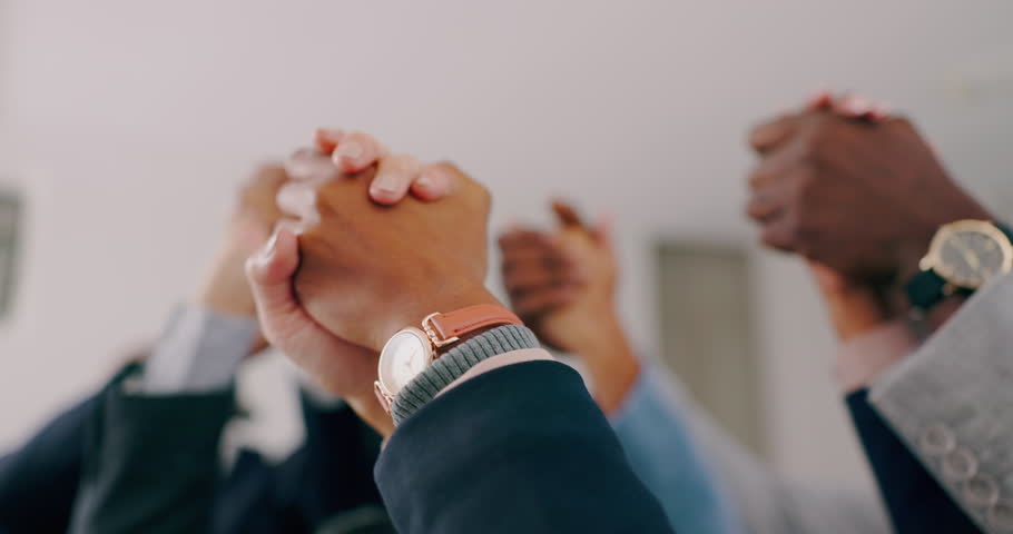 Group, collaboration and business people holding hands with trust in team building, connection or support. Teamwork, diversity and colleagues and friends with kindness, solidarity or community