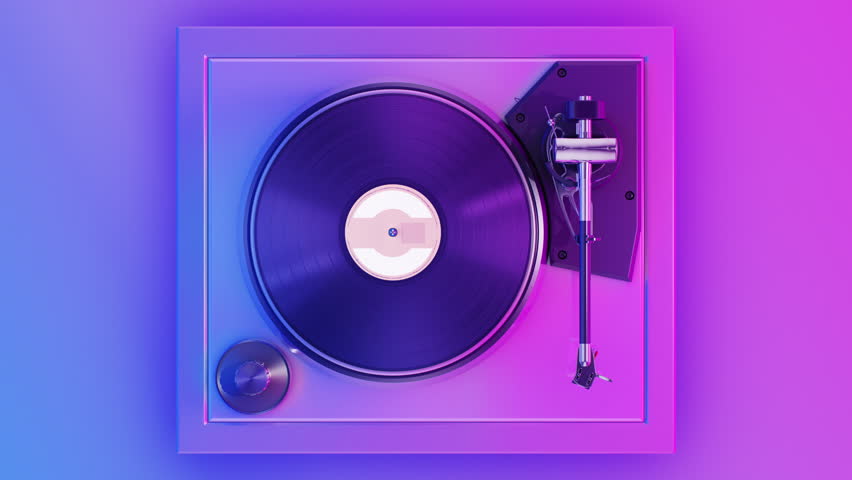 Abstract Vintage Vinyl Record Player in Disco Purple Blue Lights Turning Disk Seamless. Music Plate Rotating Looped 3d Animation. DJ Turntable Plate Party Concept Background 4k Ultra HD 3840x2160. Royalty-Free Stock Footage #1108936061