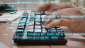 Accelerated video of male hands typing on pc keyboard with blue code and information hologram flying over, close up. Computer programming algorithm concept. - Powered by Shutterstock - Get 15% off with code: PIKWIZARD15
