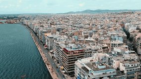 Establishing Aerial View of Thessaloniki, waterfront, Greece, sunny day