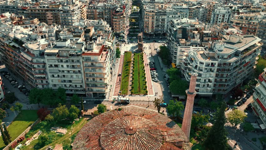 Establishing Aerial View of Thessaloniki, waterfront, Greece, sunny day