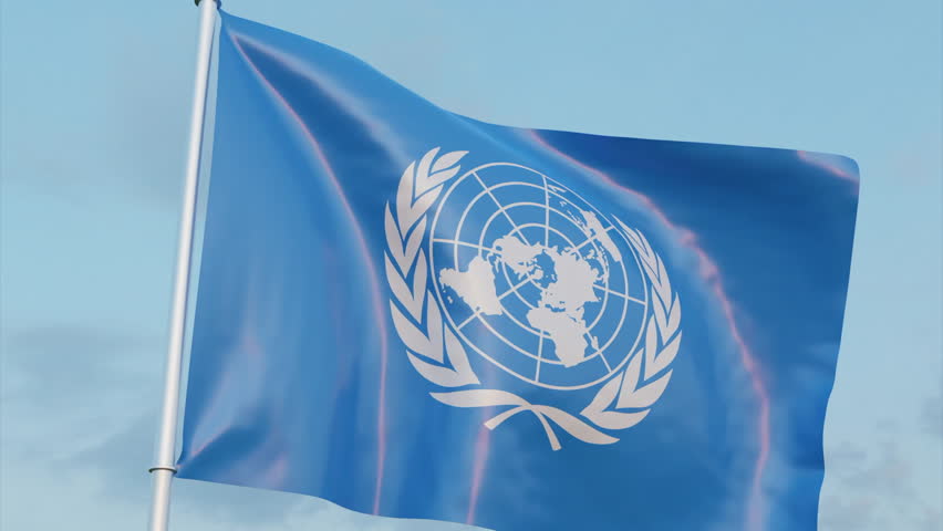 United Nations flag background. Design. Realistic blue flag waving in the wind on blue background.