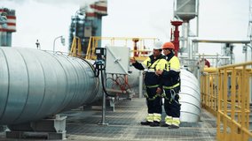 Man engineer industrial supervisor examining energy control installation panel at manufacture oil gas plant. Two worker colleagues in protective uniform discuss contemporary automation technology - Powered by Shutterstock - Get 15% off with code: PIKWIZARD15