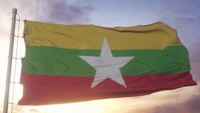 Flag of Myanmar Waving in the wind, sky and sun background