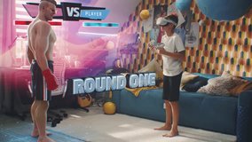 Boy in VR headset plays online augmented reality video game at home using wireless controllers. Young gamer fights with 3D graphics hologram of boxer. Futuristic VFX animation. Virtual gaming concept. - Powered by Shutterstock - Get 15% off with code: PIKWIZARD15