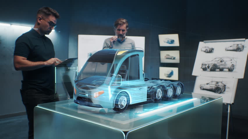 Two male automotive engineers develop new eco-friendly truck with electric engine using tablet computer and augmented reality hologram. 3D graphics of vehicle high-tech developing. VFX animation. - Powered by Shutterstock - Get 15% off with code: PIKWIZARD15