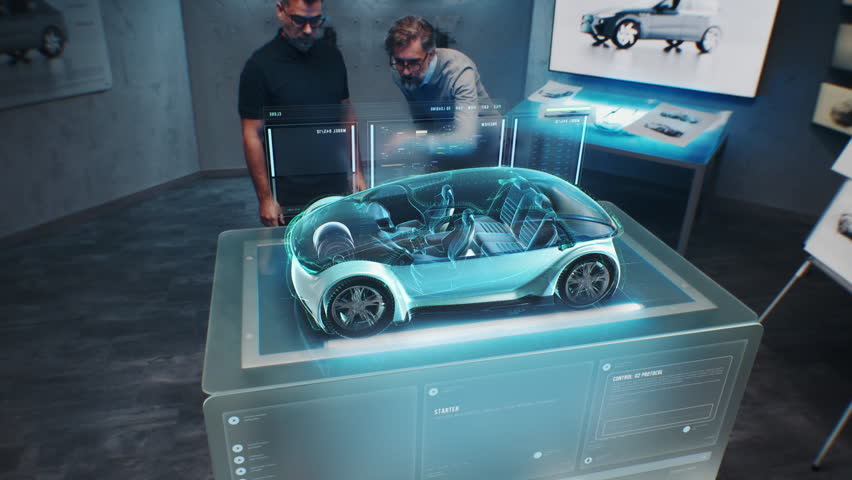Two male automotive engineers develop new eco-friendly electric car using futuristic augmented reality holographic automobile prototype. 3D graphics of vehicle high-tech developing. VFX animation. - Powered by Shutterstock - Get 15% off with code: PIKWIZARD15