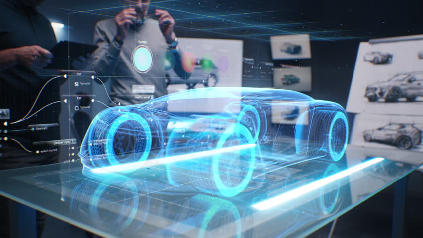 Two male automotive designers create design of eco-friendly electric car, choose color using tablet computer and futuristic augmented reality hologram. 3D graphics of vehicle developing. VFX animation Royalty-Free Stock Footage #1108941533