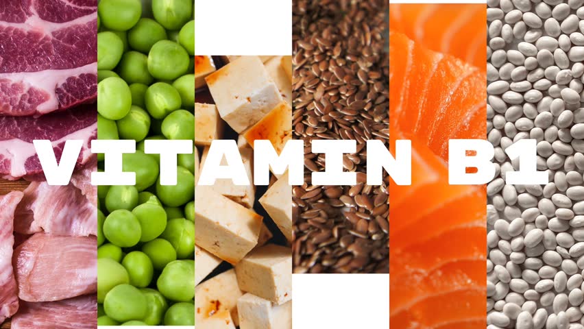 White inscription "VITAMIN B1" (thiamine) appearing on a background of photos of most common food where you can find it on a white background, 4k 2D animation
