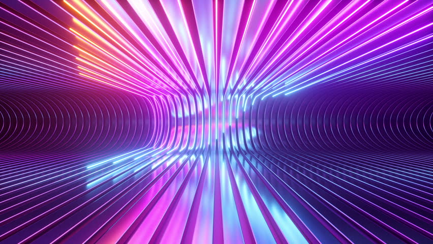 3d looping animation. Abstract holographic background of glowing neon lines slide along the bend metallic stripes. 3d VJ loop animation of iridescent gradient spectrum Royalty-Free Stock Footage #1108942751