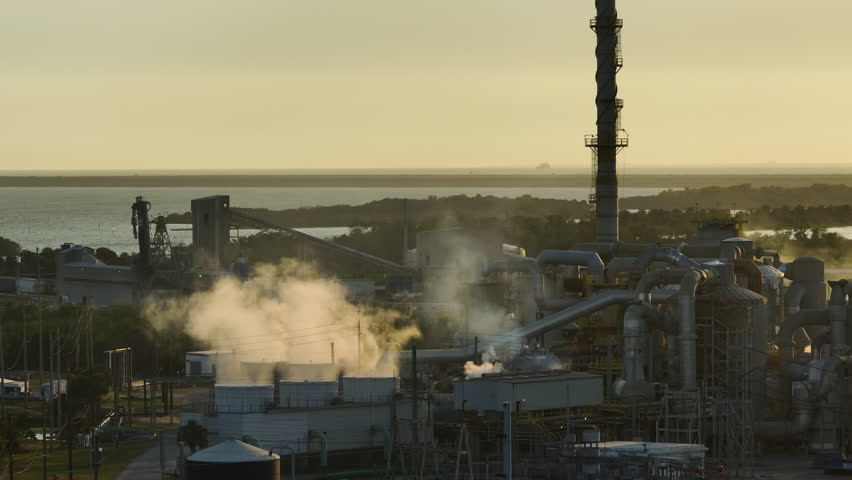 Factory for handling and processing of phosphates emitting toxic vapors polluting air. Mosaic Riverview Plant in Tampa, Florida. Industrial facility for chemical production of phosphoric acid