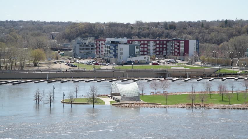 St. Paul, Minnesota. Mississippi river at flood stage in downtown St. Paul. High water from the river taking over Harriet Island