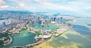 Aerial photography of Macau city skyline on sunny day. Creative video with ads and trademarks removed