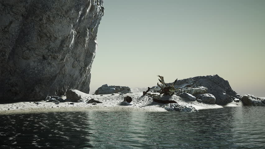 stone cliffs and broun sand at the ocean coastline