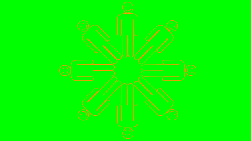Animated orange line smile people circle ornate. Symbols of people turn around. Concept of social, teamwork, connection, communication, society. Looped video. Vector illustration isolated on green bac