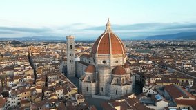 Aerial close view of the Florence Cathedral (Duomo di Firenze) at sunset, Tuscany, Italy