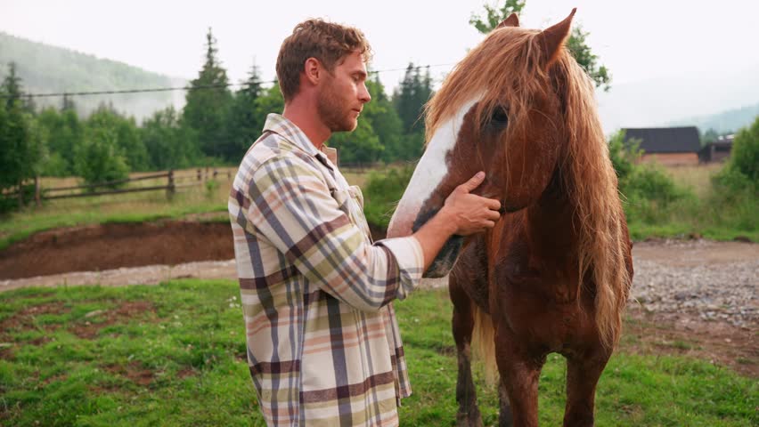 Serious blond man stroking horse in the mountains