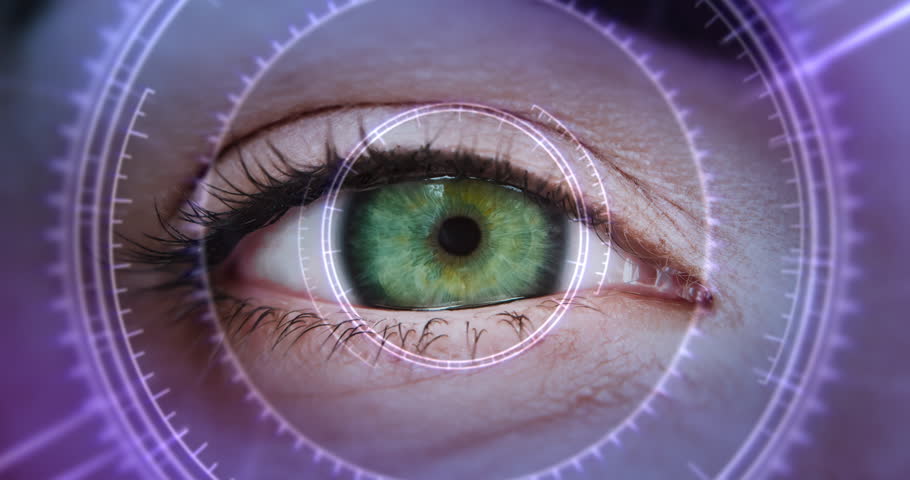 Closeup sequence of different eyes with futuristic high technology hud overlay - different multicultural human eyes - man girl faces - diversity inclusion and equality concept - zoom to infinity bla | Shutterstock HD Video #1108960149