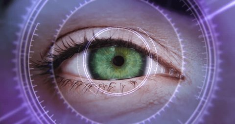 Closeup sequence of different eyes with futuristic high technology hud overlay - different multicultural human eyes - man girl faces - diversity inclusion and equality concept - zoom to infinity bla 스톡 비디오