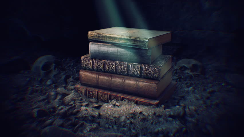 Hidden in an undiscovered cave we see a stack of old books containing long forgotten lost knowledge.
