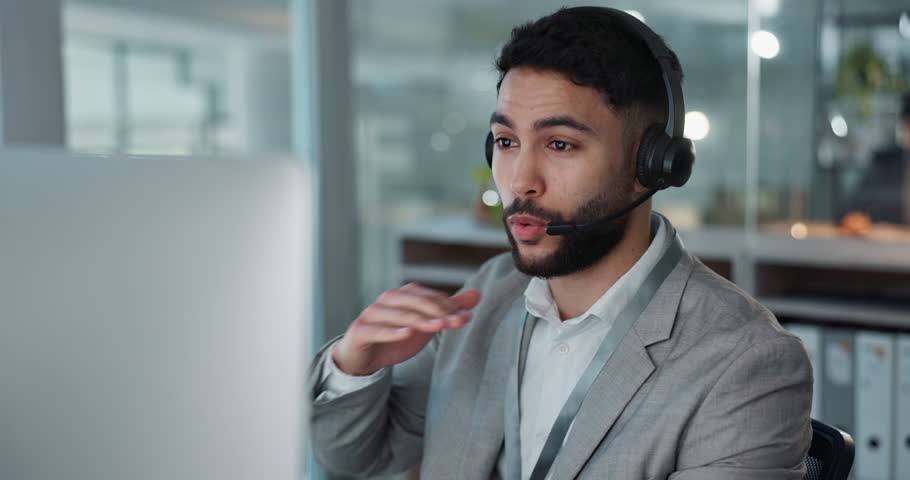Computer, call center and man talking to customer service, crm support or contact us at help desk for inbound marketing. Communication, telemarketing and sales agent chat to client in lead generation