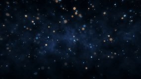 4k Gold Particles Space. Motion Background. Golden glitter particle. Black or Dark blue backdrop. Defocused bokeh. Animated Overlay. 2160p. 60 fps