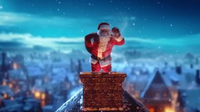 Santa Claus Carrying a Red Bag with Gifts to Children, Carefully Walking on a Roof of a House on a Night of Christmas Eve. Santa Waving To Camera and Magically Disappearing into the Chimney - Powered by Shutterstock - Get 15% off with code: PIKWIZARD15