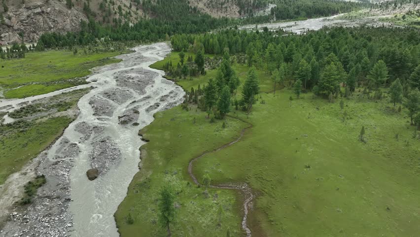 Aerial View Of Indus River Meandering Through Basho Valley In Skardu. Pull Back Shot