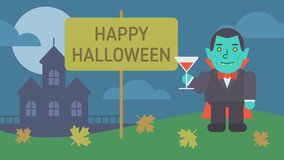 Happy Halloween composition vampire holding glass and smiling. Greeting video card. Looped animation