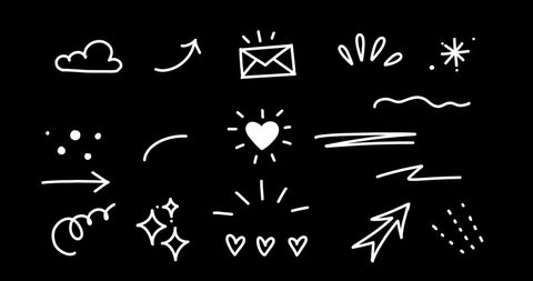 Doodle cute glitter pen line Highlighter elements. Hand Drawn heart, arrow, star, sparkle decoration symbol set icon. Sketch line style emphasis, attention, underline, check marks. Alpha channel. - Βίντεο στοκ