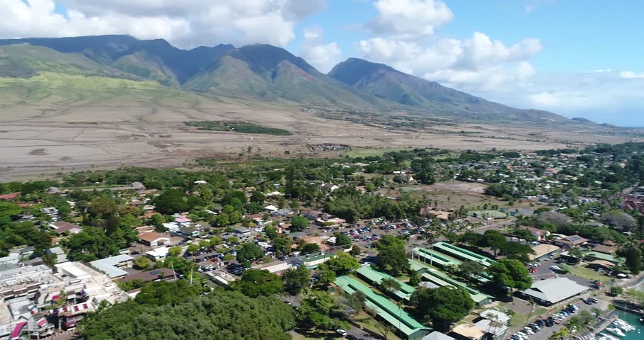 Cinematic Aerial Drone Shot of the Front Street Area, In Lahaina, Maui, Prior to the 2023 Fires. Shot in 4K 60 FPS for Slow Motion Option.
