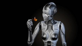 Detailed futuristic robot woman or cyber humanoid girl playing with a butterfly creating a contact with nature. Upper body isolated on dark background. 3d rendering animation with alpha - Powered by Shutterstock - Get 15% off with code: PIKWIZARD15