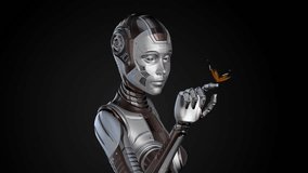 Detailed futuristic robot woman or cyber humanoid girl playing with a butterfly creating a contact with nature. Upper body isolated on dark background. 3d rendering animation with alpha - Powered by Shutterstock - Get 15% off with code: PIKWIZARD15