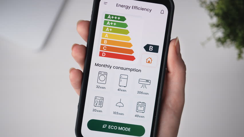 Turning on ECO mode using the energy efficiency rating app. Increasing savings by decreasing energy consumption of house appliances and making a green and eco-friendly smart home. | Shutterstock HD Video #1108982067