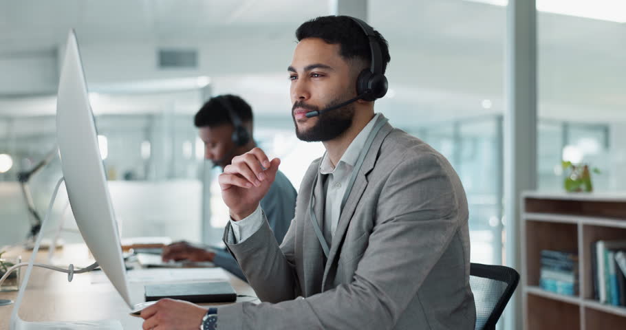 Computer, call center and happy with man talking and support at help desk office. Technology, customer service and sales agent consulting, telemarketing communication or speaking to business contact