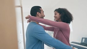 Excited, home and couple hug on bed for cuddle, love and healthy relationship for bonding, trust and care. Dating, morning and happy man and woman embrace in bedroom for sleeping, comfort and fun - Powered by Shutterstock - Get 15% off with code: PIKWIZARD15