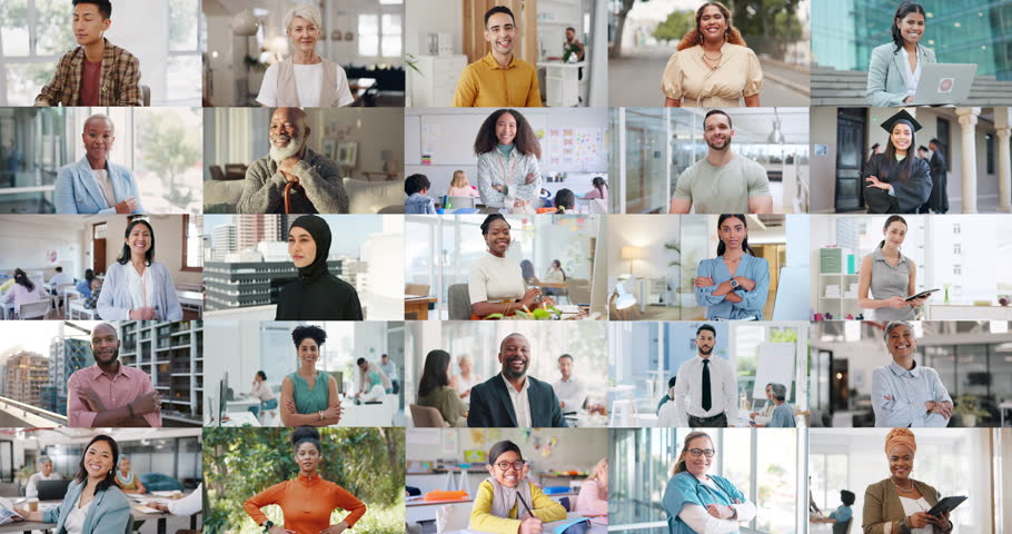 People, collage and diversity with face, smile or career for men, women or children for work, learning or fitness. Professional employees, school kids and students for arms crossed, tech or portrait Royalty-Free Stock Footage #1108982771
