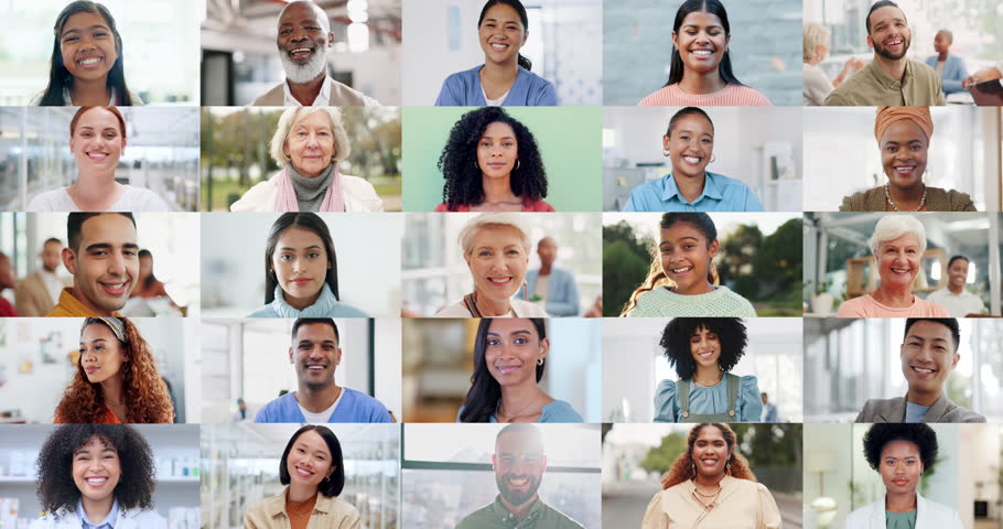 People, diversity and collage with smile, happiness and laugh in city, unity and society. Montage, portrait faces and proud world community members with different backgrounds, multiracial and culture Royalty-Free Stock Footage #1108982783