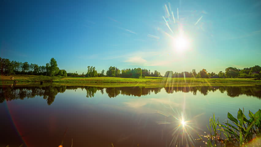 Sun Setting Over Beautiful Farm Lake, Blue Summer Sky, Golden Summer Sun, Rural Farm, Static, Timelapse 