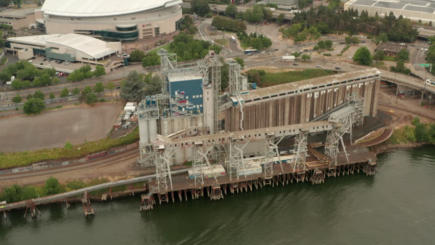 Circling aerial shot of the grain elevator Portland Oregon
